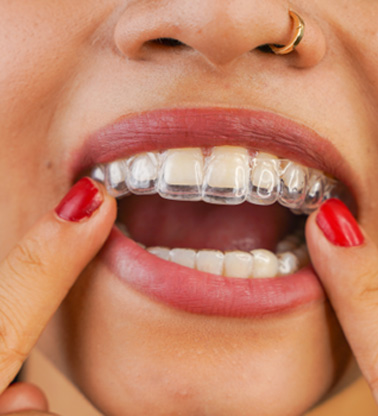 Closeup of patient putting on clear aligner